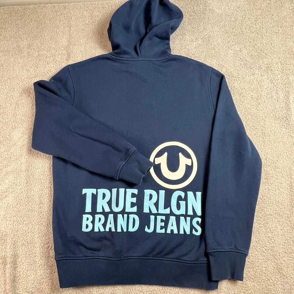 True Religion Hoodie Mens Medium Blue Horseshoe‎ Logo Pullover Sweatshirt
